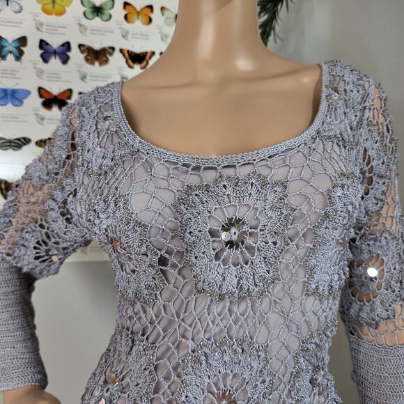 Vintage 90s y2k Newport News Gray Maxi Dress Crochet Beachy Fairycore Sequins M - Picture 9 of 11